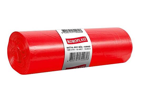 Koroplast Tıbbi Atık 72*80 Kırmızı 10'lu Büzgülü Çöp Poşeti 560 Gr.