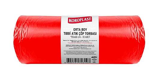 Koroplast Tıbbi Atık Baskılı 55*60 Kırmızı 10'lu Çöp Poşeti 355 Gr.